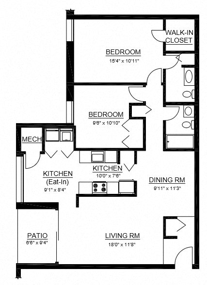 Floor plan for 2 beds, 2 baths, 1207 sqft